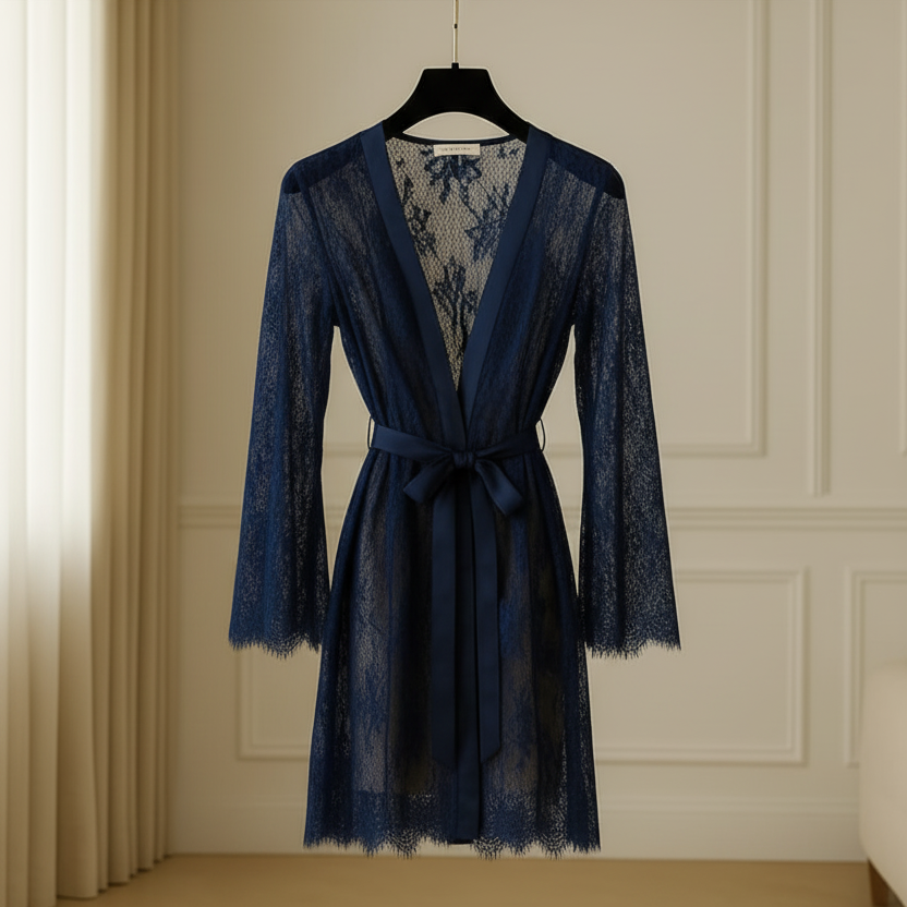 Single Pcs Women’s Net Transparent Sheer Lace Robe Gown – Long Sleeve Free-Size Nightwear With Satin Belt For Elegant And Stylish Comfort - Black