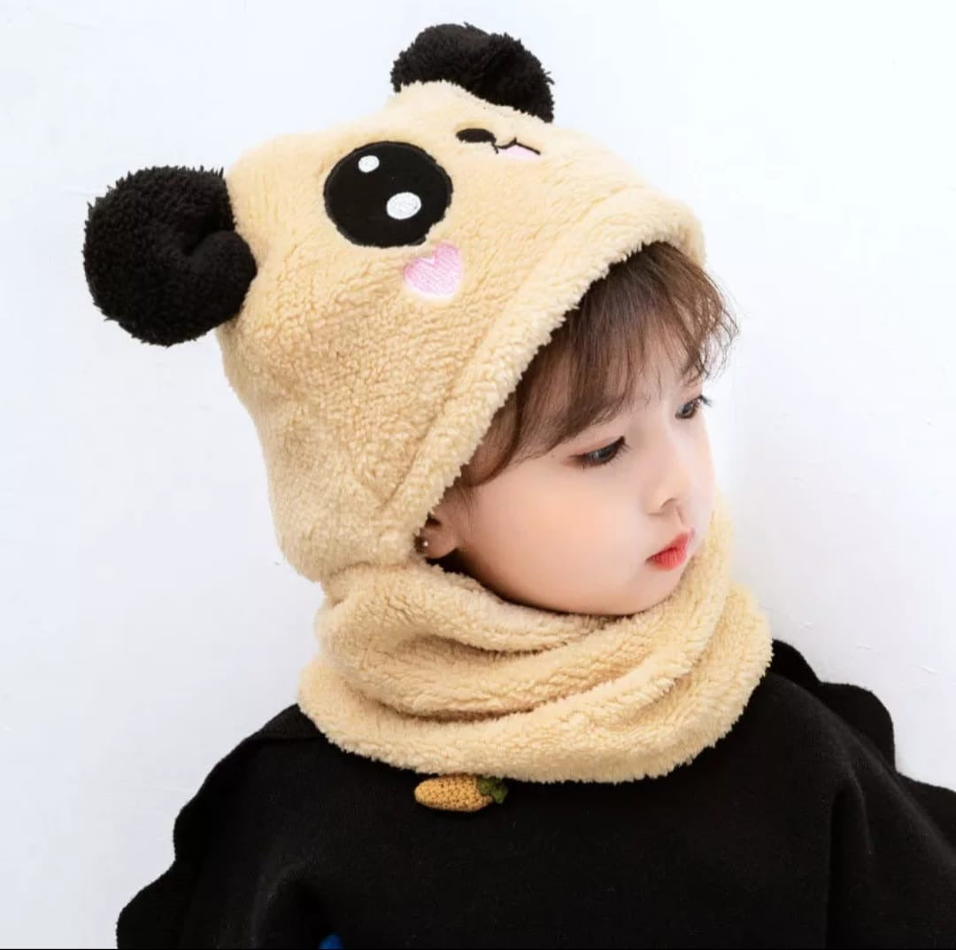 Kids Winter Panda Wool Cap With Neck Warmer – Warm And Cozy Cartoon Panda Design Baby Cap For Winter Protection (Random Color)