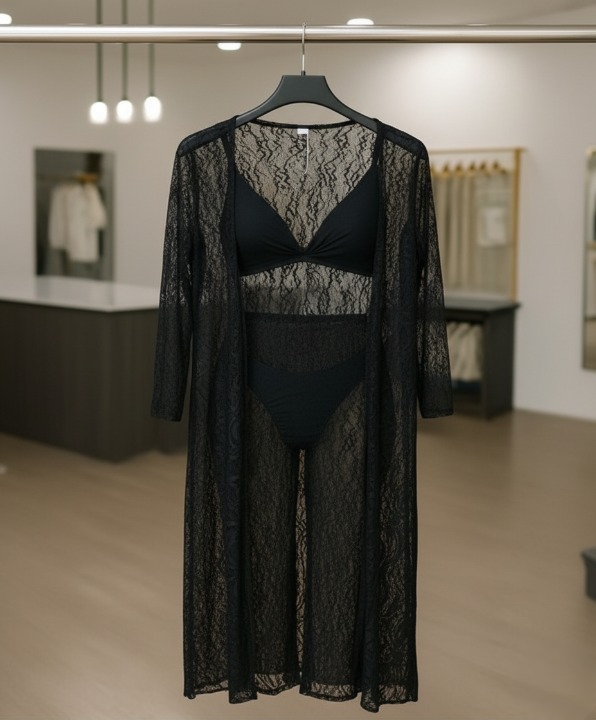 Luxurious Net Transparent Lace 4-Piece Nightwear Set – Stylish Free-Size Lounge And Sleepwear Including Gown, Bra, Panty, And Trouser - Black