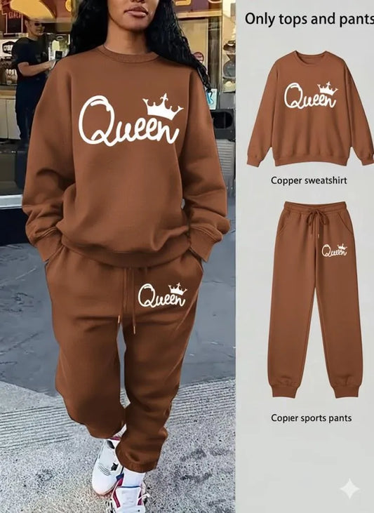 Women's Stitched Fleece Printed Sweatshirt Tracksuit