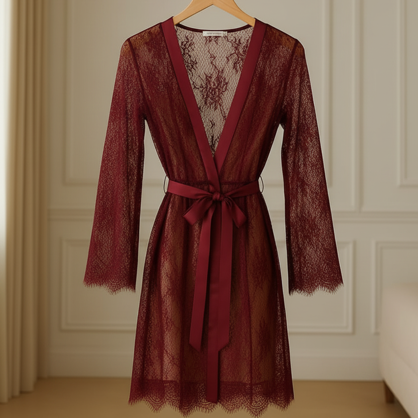 Single Pcs Women’s Net Transparent Sheer Lace Robe Gown – Long Sleeve Free-Size Nightwear With Satin Belt For Elegant And Stylish Comfort - Black